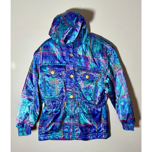 Vintage 1990s Descente Women’s Ski Jacket Blue Teal Purple Embroidered Sz 9 - Picture 1 of 12